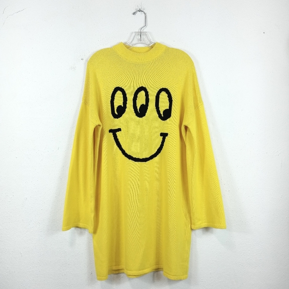 Lazy Oaf Yellow Strange Face Happy Sad Oversized Sweater Dress Size Small - Picture 1 of 11